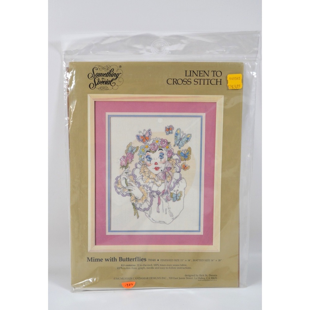 1989 Candamar Linen To Cross Stitch Kit Mime with Butterflies #70048 NEW Sealed